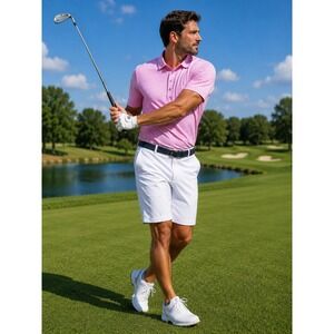 AndersonOrd Mens Pink White Stripe Performance Golf Polo Shirt 2XL